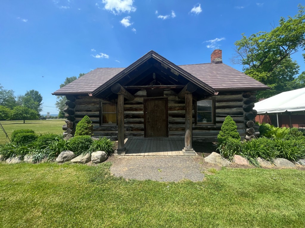 The front of a brown wooden log cabin. The cabin has a hooded entryway leading to a wooden door. The structure is surrounded by green bushes. The sky above is clear and blue.